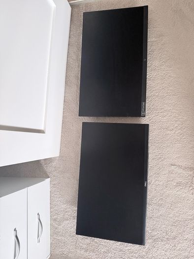Complete desktop setup- 2 desktops, arm that holds 2 desktops and accessories.