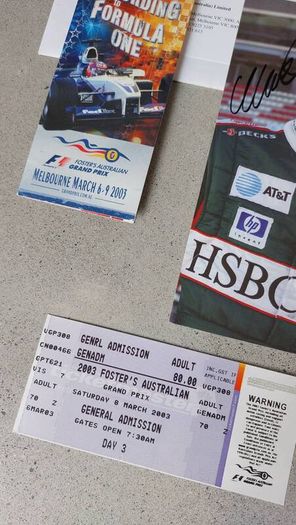Hand signed Mark Weber Jaguar Racing photo and 2003 Australian Grand Prix Original Ticket