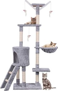 FREE EXPRESS SHIPPING 145cm Cat Scratch Posts Multi-Level Stable Cat Climbing Tower Cat Activity Trees with Ladder, Indoor Pet Activity Furniture Play House for Kitty Kitten