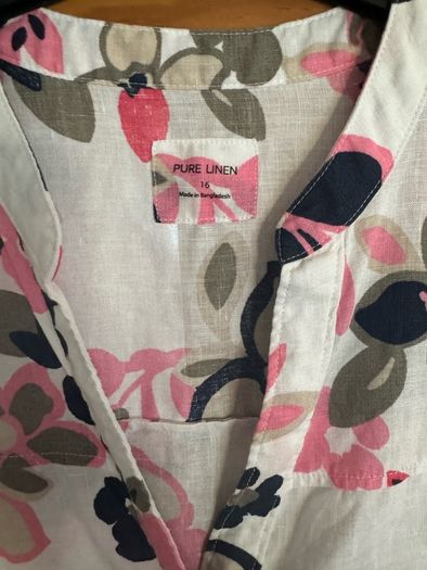 White floral pure linen short sleeve blouse size UK16 EU44 Postage included