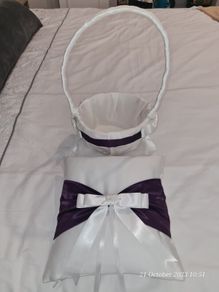 Handmade wedding ring cushion and flowergirl basket with purple detail