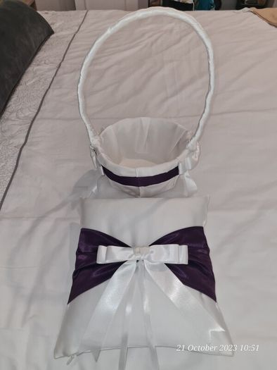 Handmade wedding ring cushion and flowergirl basket with purple detail