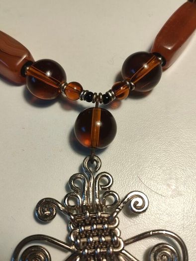 Mid Century Sterling Silver,Amber,Agate and Spinel Necklace