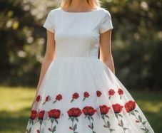 White Dress with Red Roses Size 18