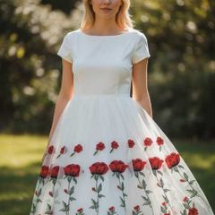 White Dress with Red Roses Size 18
