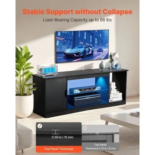 TV Stand for TVs up to 1651 mm, Modern Entertainment Center with Light Strip, Wooden TV Cabinet Storage with Glass Shelf and Adjustable Shelves, Console Table for Living Room and Bedroom, Black