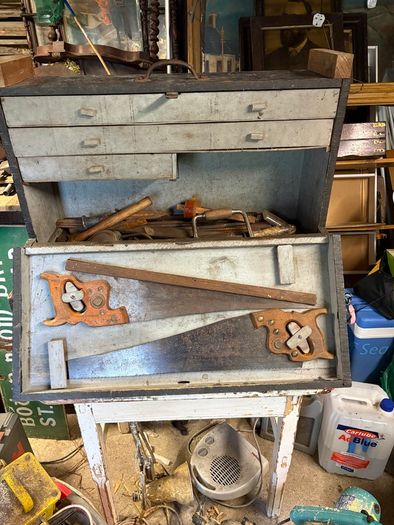 Large vintage tool box and tools