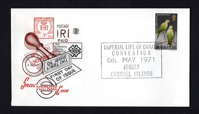 1971 Jersey Cover celebrating Imperial Life of Canada Convention 6th May 1971 tying 2 1/2p Thick-billed Parrot commemorative stamp