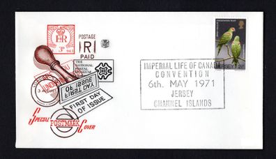 1971 Jersey Cover celebrating Imperial Life of Canada Convention 6th May 1971 tying 2 1/2p Thick-billed Parrot commemorative stamp
