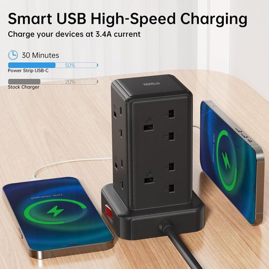 Tower Extension Lead with 8 Way Multi Plug Extension Tower & 4 USB Ports (13A),Mini Power Strip with Switch, 5M Extension Cable Surge Protection Extension Lead for Home, Kitchen,Office