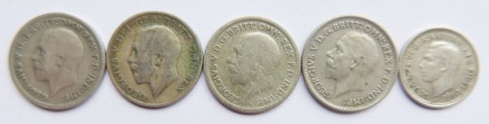 Vintage Silver Coins Six Pence 1921-1929-1930-1933 and 3 Pence 1951 12,3g