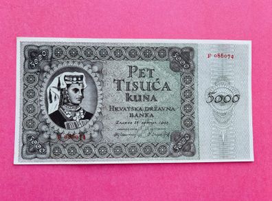 Croatia  5000  Kuna  1943  Pick  14a Scarce  Watermark - Star In Circle Pattern.  Unc