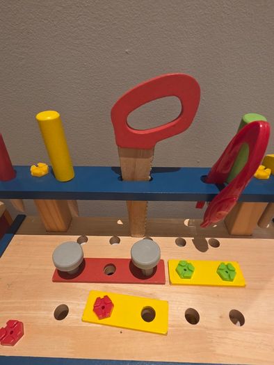 B. Toys Wooden Activity Cube, Wooden Workbench & Soft toys