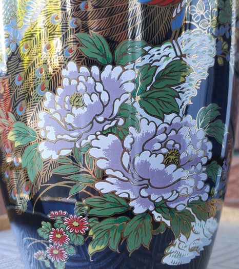 Japanese "Interpur" Ceramic Black Peacock/Floral Vase