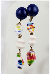 Retro Murano Millefiori Glass Long Drop Clip On Earrings
