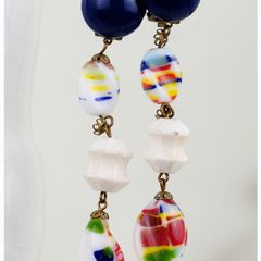 Retro Murano Millefiori Glass Long Drop Clip On Earrings