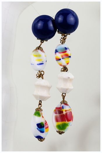 Retro Murano Millefiori Glass Long Drop Clip On Earrings