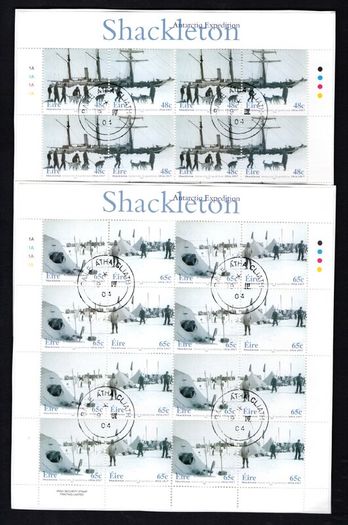 2004 Ireland Shackleton Antarctic Expedition Commemorative Stamp Sheetlet Plate 1A1A1A1A Fine Used with Dublin cancel of 19th March 2004 (First day of issue) on envelope extract.