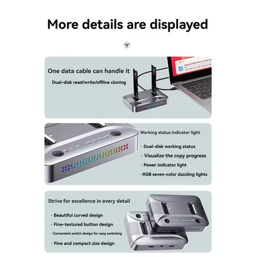 USB3. 2 Dual Disk NVME/SATA Dual Protocol Hard Drive Enclosure, Basic Offline Cloning and Copying Machine, Convenient External Storage, Quick Switching, Office Assistant, Suitable as a Gift, Data Cloning Machine, Fast File Transfer, Stylish Storage