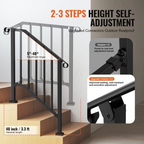 Outdoor Steps, 2-3 Step Stair Hand Rail Kit, Transitional Carbon Steel Railings with Installation Kit, Stair Rails for Seniors, Concrete Steps & Porch & Deck, Black Retro Arch
