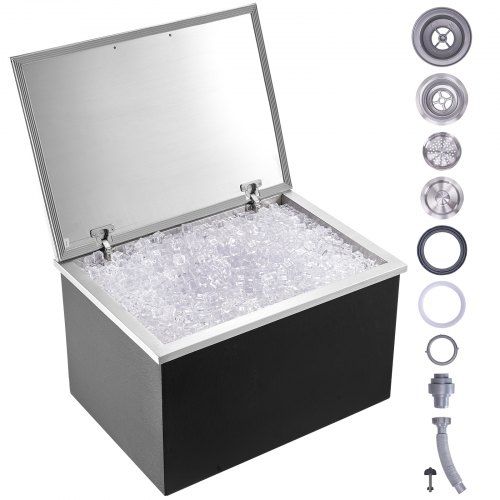 Drop in Ice Chest, 28"L x 20"W x 17"H Stainless Steel Ice Cooler, Commercial Ice Bin with Hinged Cover