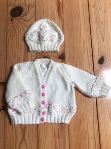 Hand Knitted Baby Cardigan and Hat