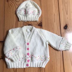 Hand Knitted Baby Cardigan and Hat
