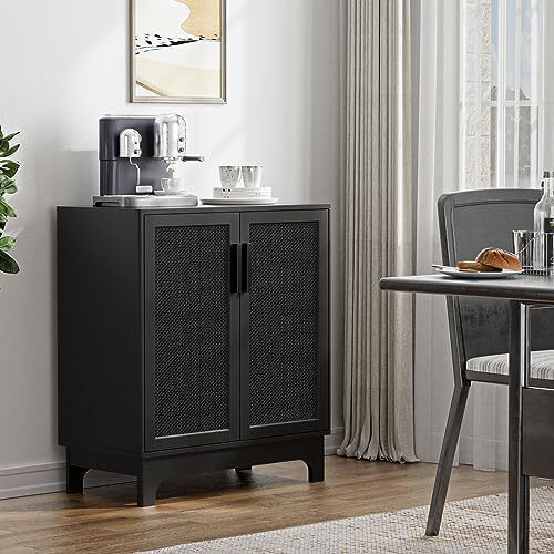 Sideboards for Living Room Black Kitchen Storage Cupboard Accent Cabinet with Adjustable Shelves, Magnetic Closure, Anti-tip