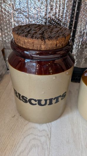 Vintage Pearsons of Chesterfield Stoneware Kitchen Set, Biscuits Jar, Sherry Dispenser and jar