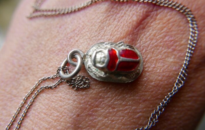 Vintage Sterling silver 925 scarab beetle necklace, Scarab beetle pendant with red enamel, Enamel necklace, Scarab jewelry 3,4g length - 16"