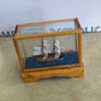 Vintage Old Wooden Sailboat Ship In Display Box Glass Case Bamboo Pedestal 3.5 inches Image 5