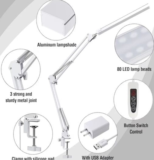 LED Desk Lamp with Clip Eye Protection Desk Lamps for Study - Swing Arm USB Desk Lamp Office - 3 Light Modes x 10 Brightness Levels - 5V/2A Adapter White