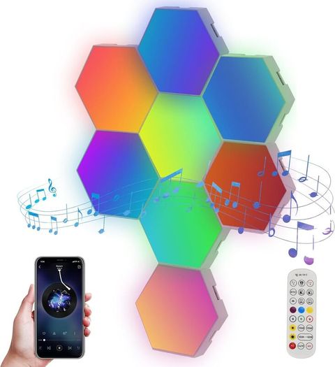 Hexagon Lights - 8 Pack RGB LED Lights, App-Controlled Hexagonal Smart Lighting Panels Sync to Music for Room, Bar, Gaming Setup, Bedroom