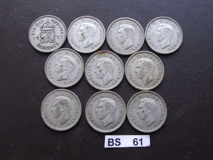 Great Britain. George VI. 10 Silver@6 pence Full run of the years (1937-1946)