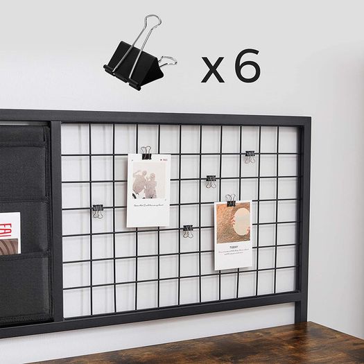 Computer table, desk, with grid and storage compartments made of fabric, steel frame, 118 cm long, industrial design, vintage brown-black
