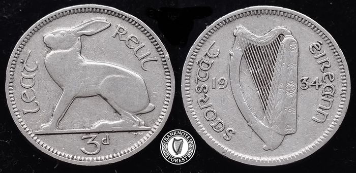 [#857] - Ireland 1934 | Irish 3d | Three Pence | Hare | KM.4