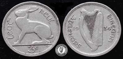 [#857] - Ireland 1934 | Irish 3d | Three Pence | Hare | KM.4
