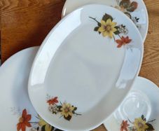 Vintage JAJ Pyrex set of 16 plates  "Autumn Glory" floral pattern, made of white milk glass in England 1970s