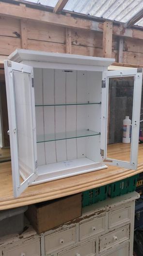 White Wood Double Glass Door Wall Cabinet - Glass Shelves, Chrome Knobs - Bathroom or Kitchen