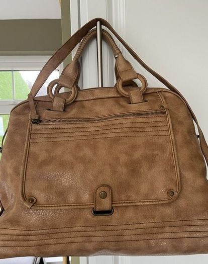 A-WEAR BAG OVERNIGHT WEEKEND Camel beige Stylish Faux Leather bag. Brass hardware In Very Good Condition. Generous sizing