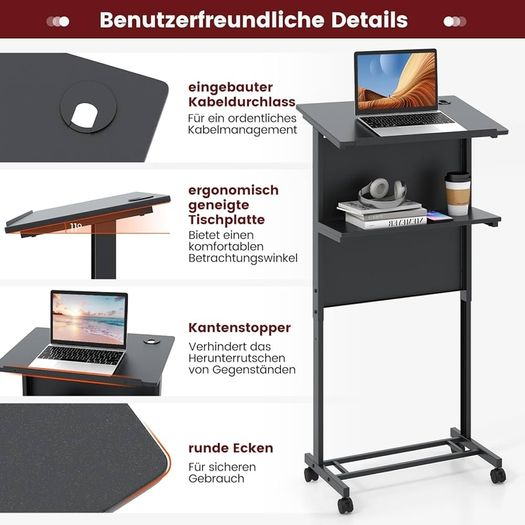 Standing Desk, Height Adjustable, Standing Seat Desk with Wheels, Mobile Standing Desk with Inclined Table Top & Shelf, Laptop Table for Home & Office, Black