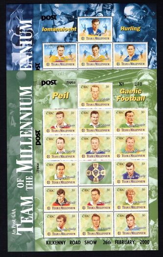 2000 & 2001 Ireland IPTA Roadshow Kilkenny 26th February 2000 and 17th February 2001 Commemorative Stamps Exhibition Souvenir on GAA Gaelic Football (2000) and GAA Hurling (2001) Sheet Mint Never Hinged (MNH)