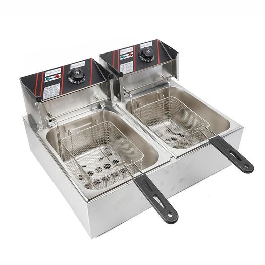 Stainless Steel Commercial Electric Fryer Stainless Steel Fryer 12L Electric Double Tank Double Sieve Machine for Chicken/Shrimp With Basket And Lid 12L 220v