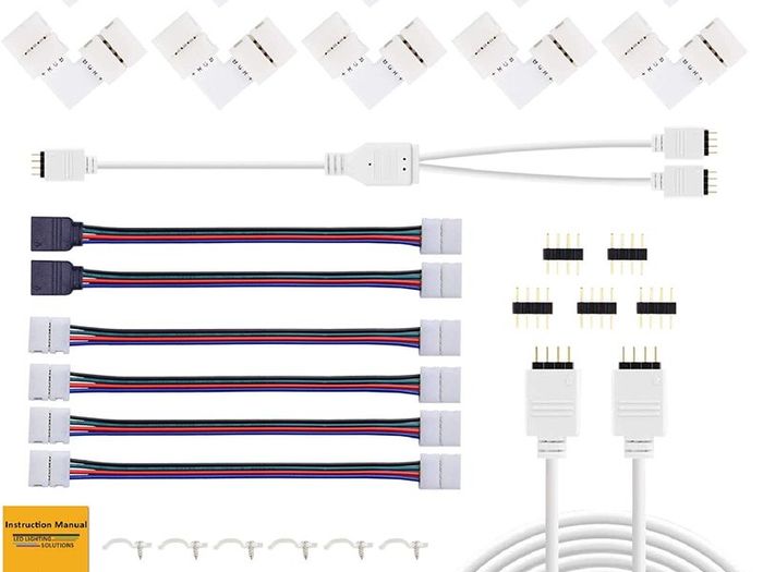 LED Light Connector Kit, REDTRON 10mm RGB LED Connector Includes 10x L Shape Connectors,2M LED Strip Light Extension Cable,4X Strip to Strip Jumpers,5X 4 Pin Male Connectors