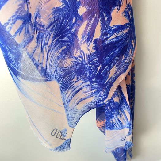 GUESS Tropical Print Winter Accent Scarf | Royal Blue & Peach Lightweight Wrap