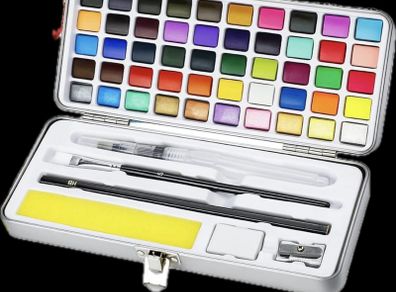 Watercolour Paint Set 50 Colors in Portable Box Including 4 Fluorescent Colors, Travel Watercolour Set with brushes and other Tools, Idea for Artists and Hobbyists