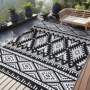Waterproof Outdoor Rug, Anti-slip Reversible UV Resistant Garden Rugs, Easy Cleaning Carpet Patio Area Rugs for Camping, Deck, Beach, Picnic, Backyard (240 x 300 cm, Black & White)