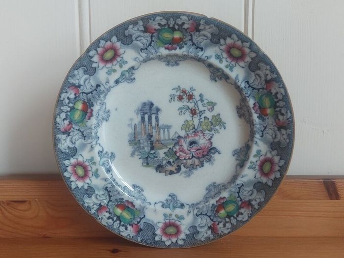 Fabulous Antique, 1850s Polychrome Transferware Plate with Hand Painted Elements by Francis Morley and Co. in the Rare "Cleopatra" Pattern, Circa 1845-1858