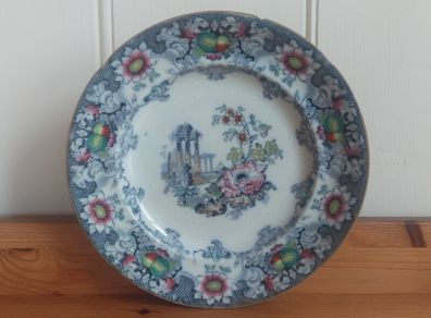 Fabulous Antique, 1850s Polychrome Transferware Plate with Hand Painted Elements by Francis Morley and Co. in the Rare "Cleopatra" Pattern, Circa 1845-1858