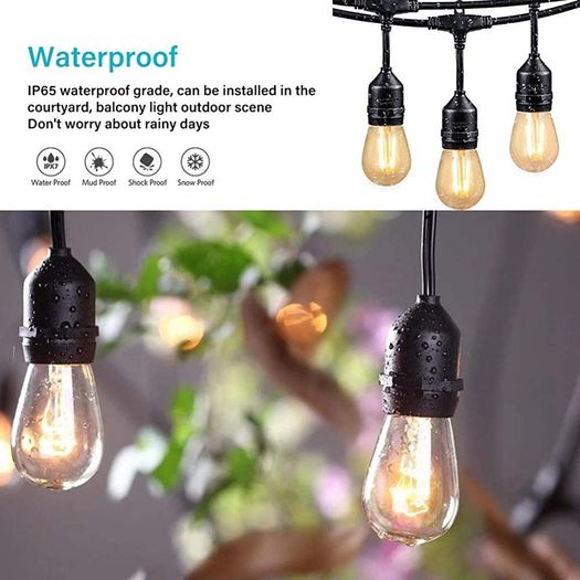 Outdoor String Lights Mains Powered, 48ft IP65 Waterproof Garden Festoon Lights, 15x2w 1 LED Bulbs Warm White Decorative Lighting for Home Patio Veranda Backyard Party Pergola (FREE POSTAGE)
